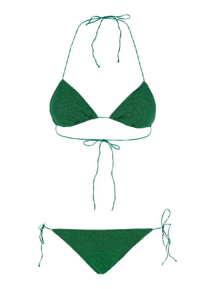 Lumiere Green Bikini With Triangular Top And Tie Closure Tech Fabric Woman Beachwear