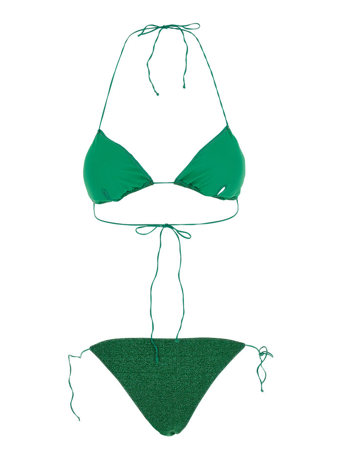 Lumiere Green Bikini With Triangular Top And Tie Closure Tech Fabric Woman Beachwear