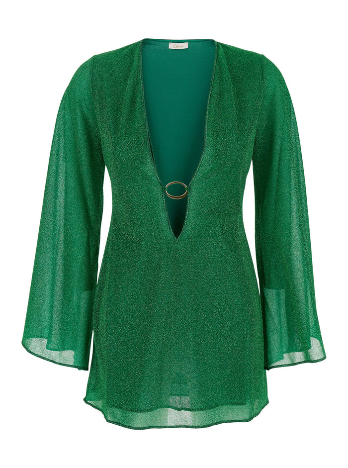 Lumiere O-Kaftan Green Kaftan With Plunging V Neck And Ring Metalware Detail On The Front Tech Fabric Woman Beachwear