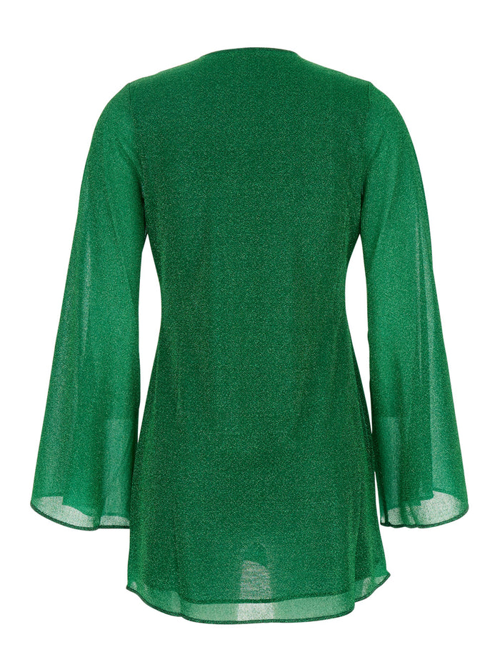 Lumiere O-Kaftan Green Kaftan With Plunging V Neck And Ring Metalware Detail On The Front Tech Fabric Woman Beachwear
