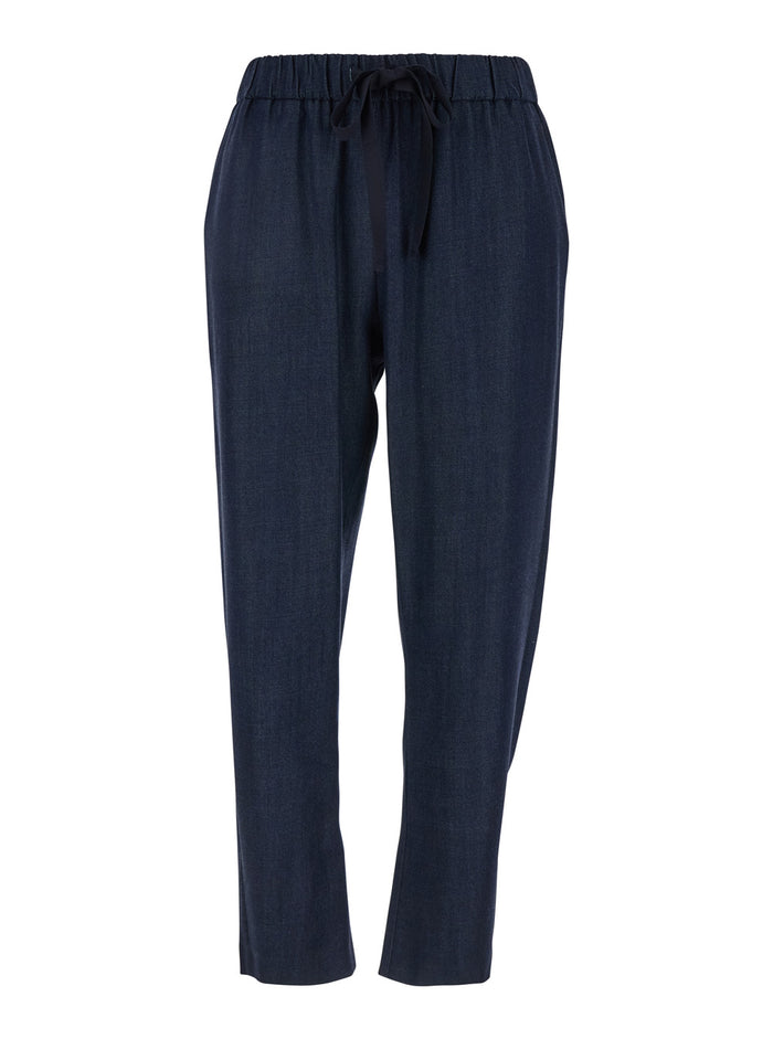 Blue Pants with Elastic Drawstring Waist in Denim Woman Blu Tencel Trousers