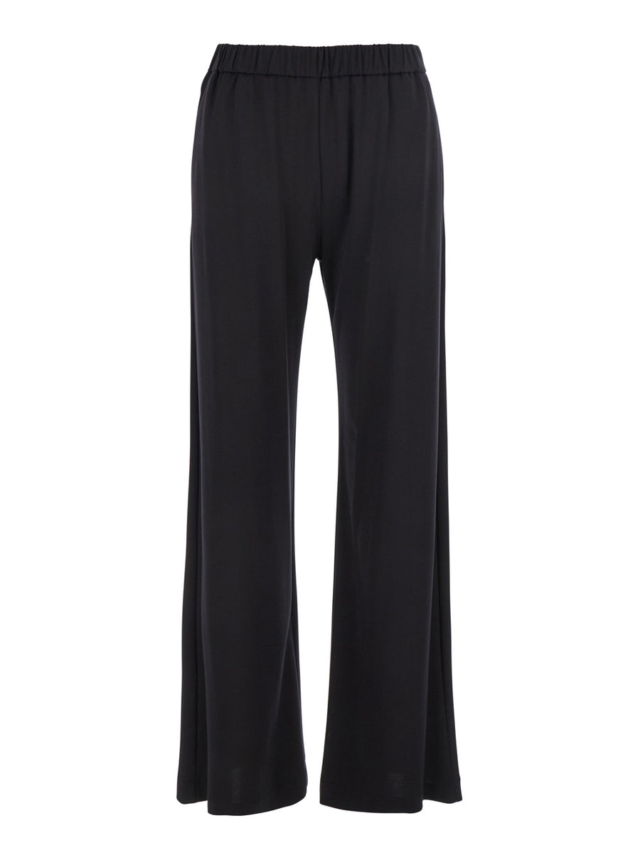 Black Pants With Elastic Waist And Pockets Fabric Trousers