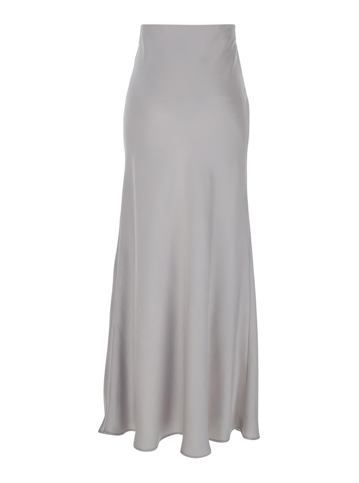 Grey Long Skirt with Ruffle Detail at the Bottom in Satin Woman Polyester