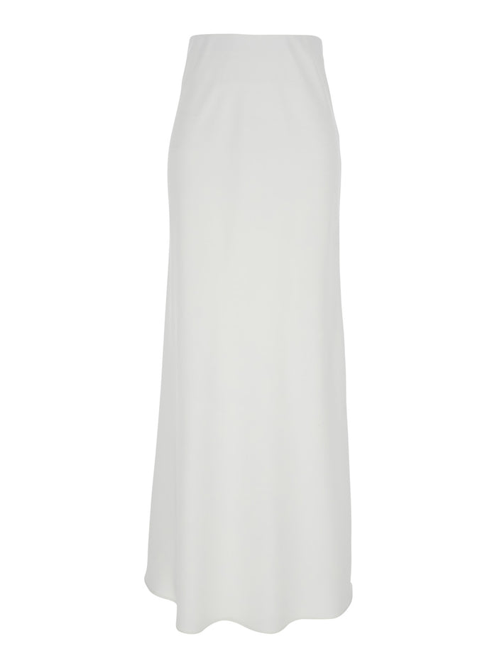 White Long Skirt with Ruffle Detail at the Bottom in Satin Woman Polyester