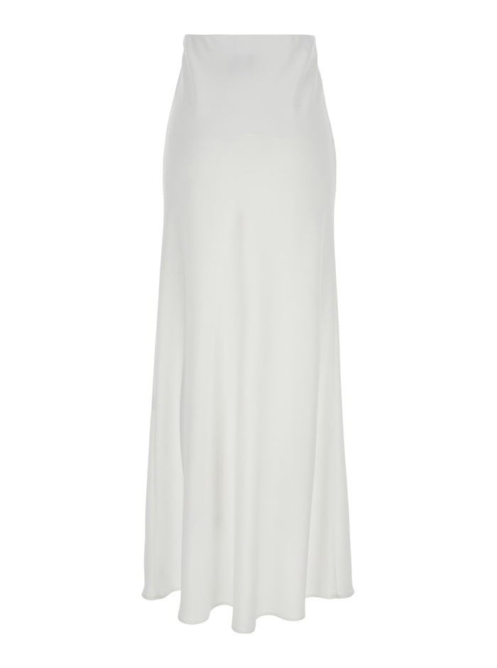 White Long Skirt with Ruffle Detail at the Bottom in Satin Woman Polyester
