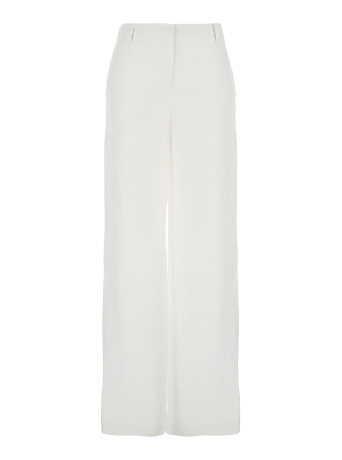 White Pants with Wide Leg in Linen Woman Trousers