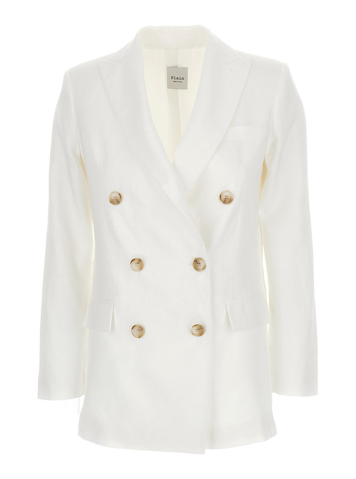White Double-Breasted Blazer in Linen Woman Blazers