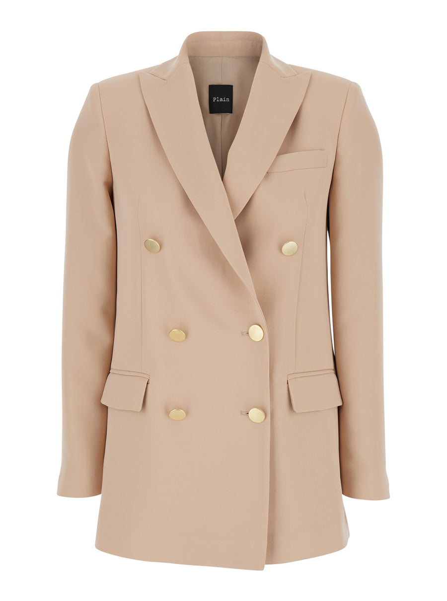 Beige Double-Breasted Jacket With Classic Lapels Polyester Blazers
