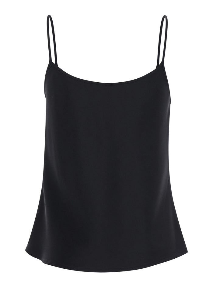 Black Tank Top with U Neckline in Satin Fabric Woman Polyester Tops