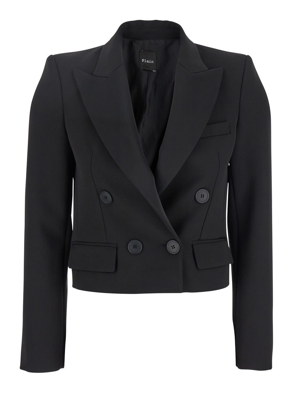 Black Double-Breasted Cropped Jacket with Peak Lapels in Satin Woman Polyester Blazers