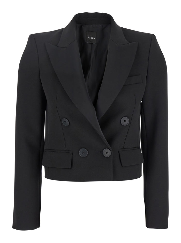 Black Double-Breasted Cropped Jacket with Peak Lapels in Satin Woman Polyester Blazers