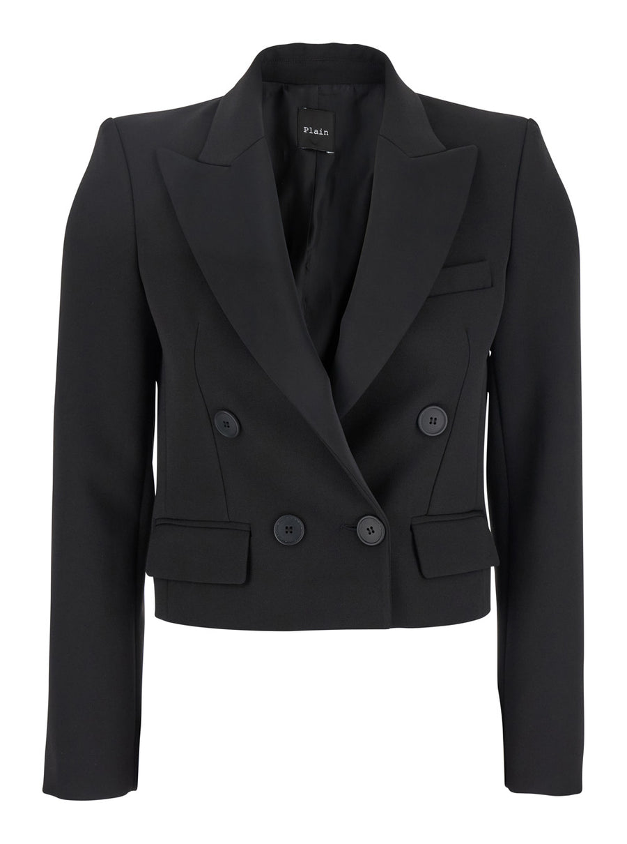 Black Double-Breasted Cropped Jacket Polyester Blazers