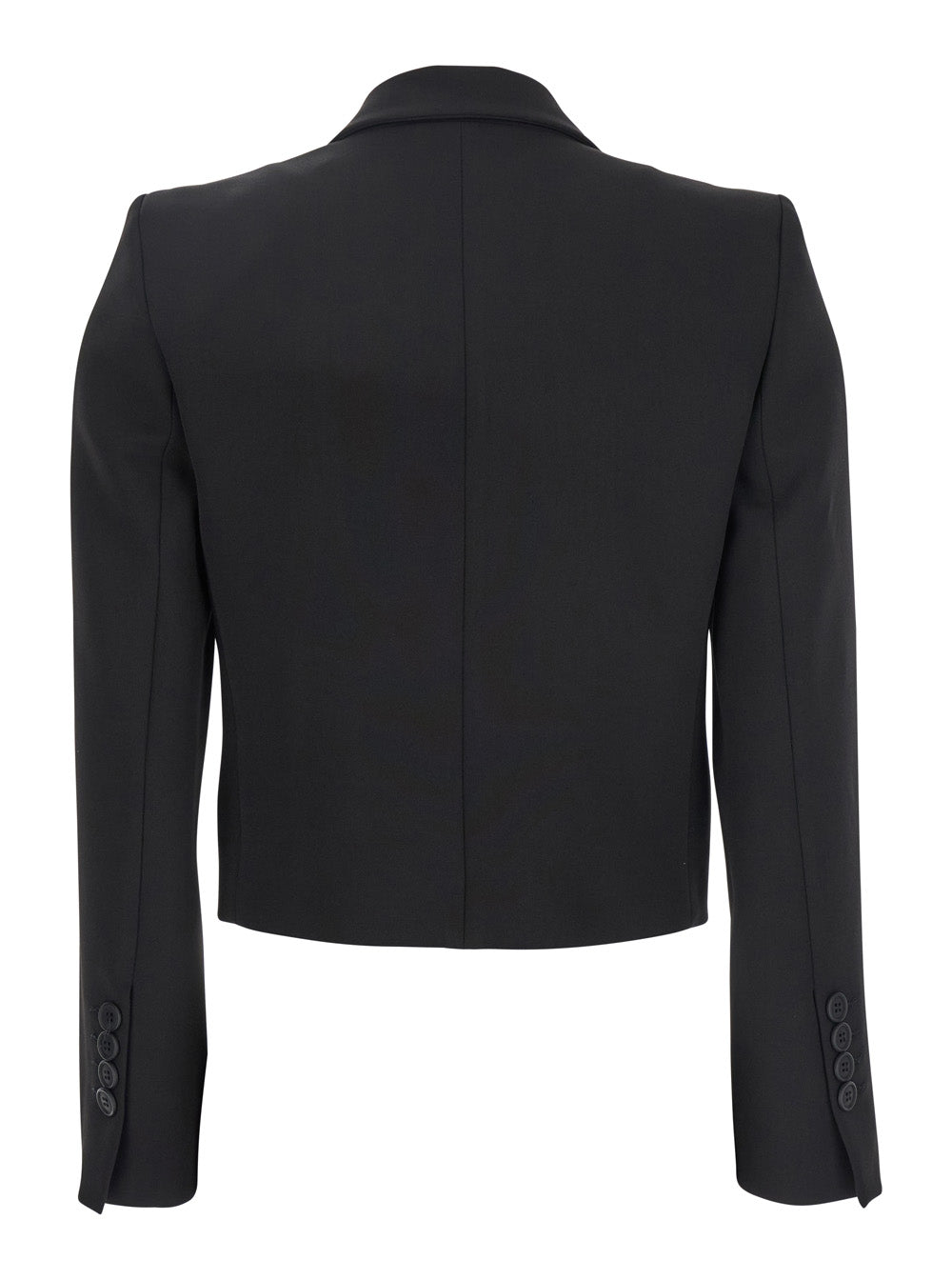 Black Double-Breasted Cropped Jacket with Peak Lapels in Satin Woman Polyester Blazers