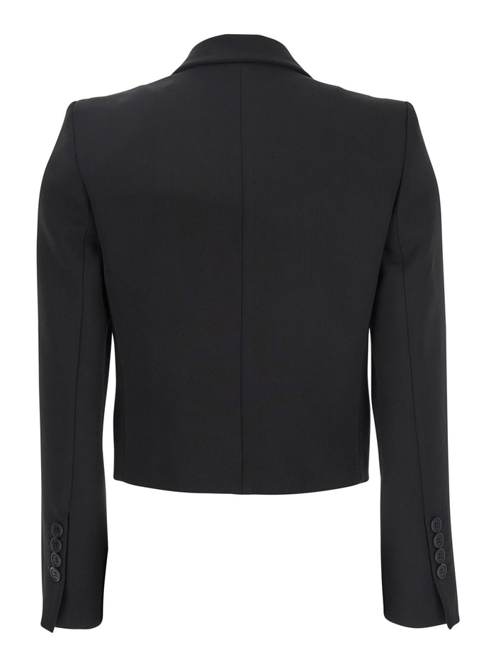 Black Double-Breasted Cropped Jacket with Peak Lapels in Satin Woman Polyester Blazers