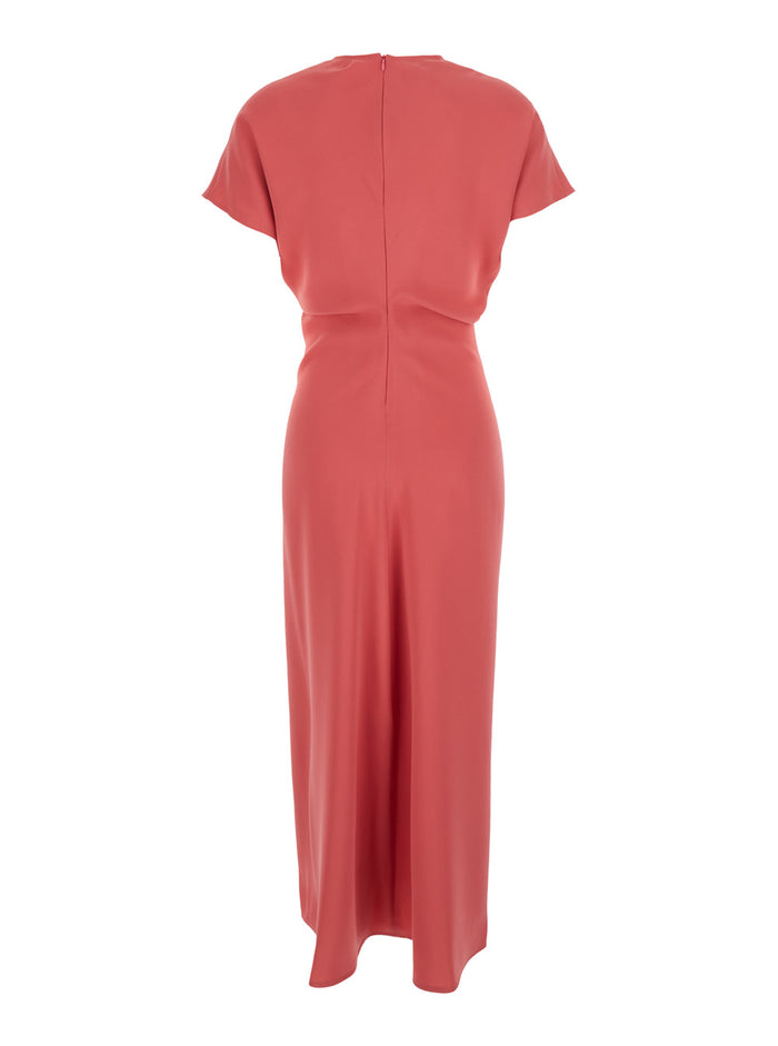 Pink Dress with V Neck and Short Sleeves in Tech Fabric Woman Polyester Long