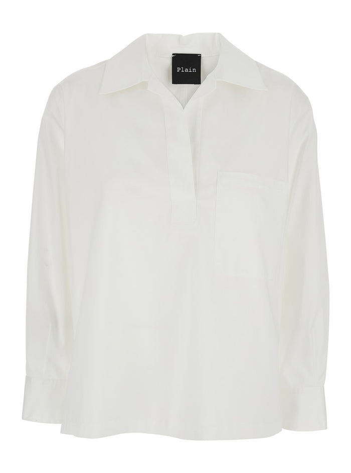 White Shirt with Polo Style Collar in Cotton Blend Woman Polyamide Elastane And Blouses
