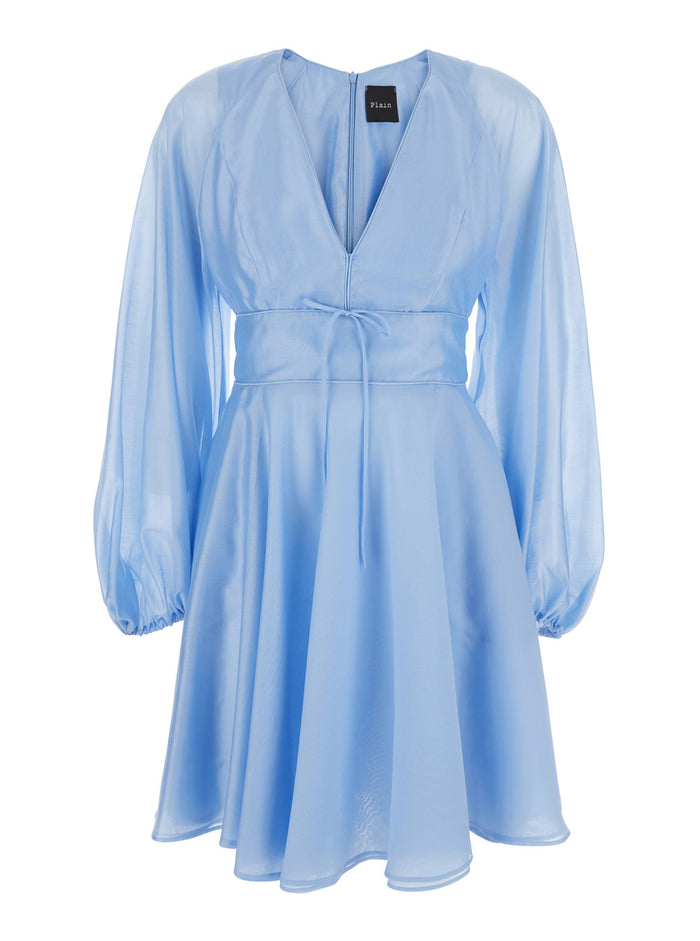 Light Blue Dress with V-Neck and Flared Skirt in Tech Fabric Woman Lyocell Polyester