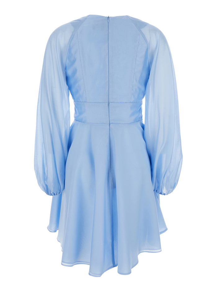 Light Blue Dress with V-Neck and Flared Skirt in Tech Fabric Woman Lyocell Polyester