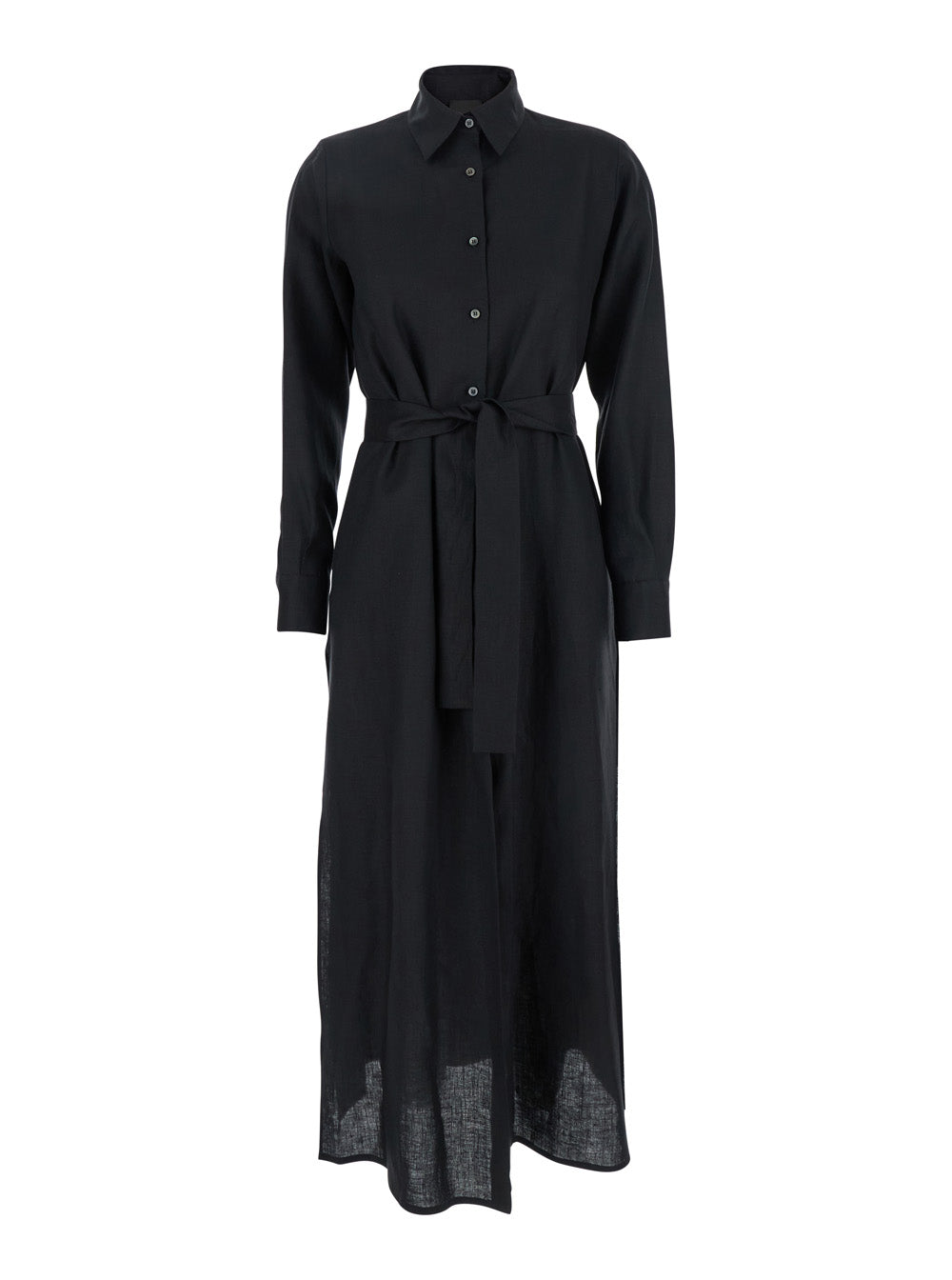 Black Dress with Classic Collar and Adjustable Skirt in Linen Woman Long
