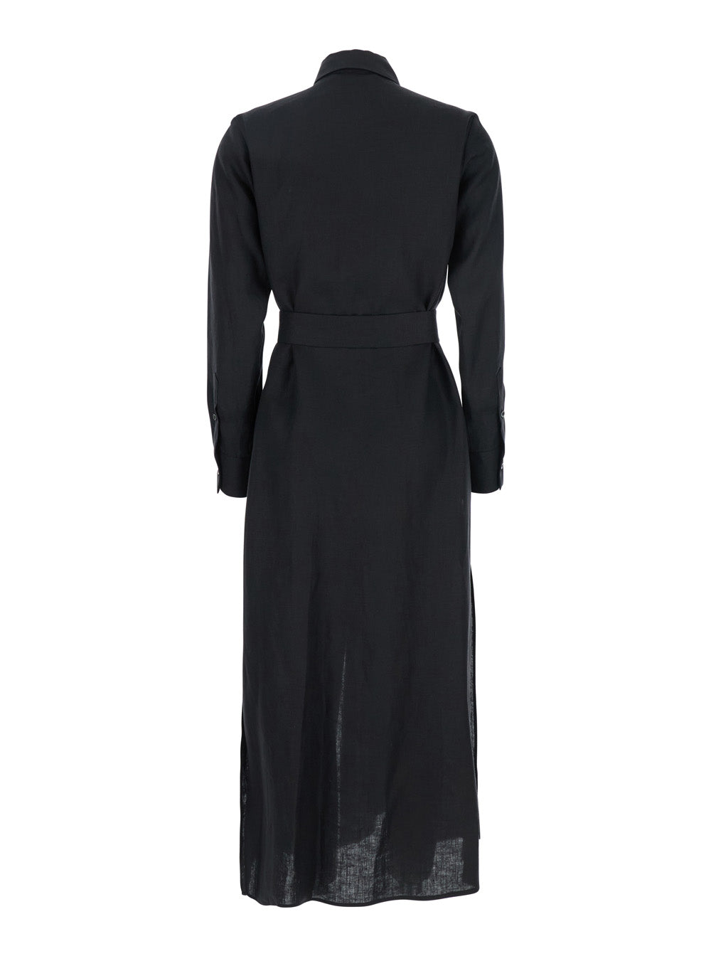 Black Dress with Classic Collar and Adjustable Skirt in Linen Woman Long