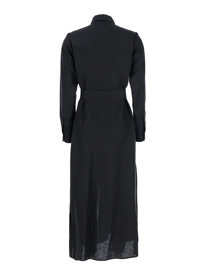 Black Dress with Classic Collar and Adjustable Skirt in Linen Woman Long