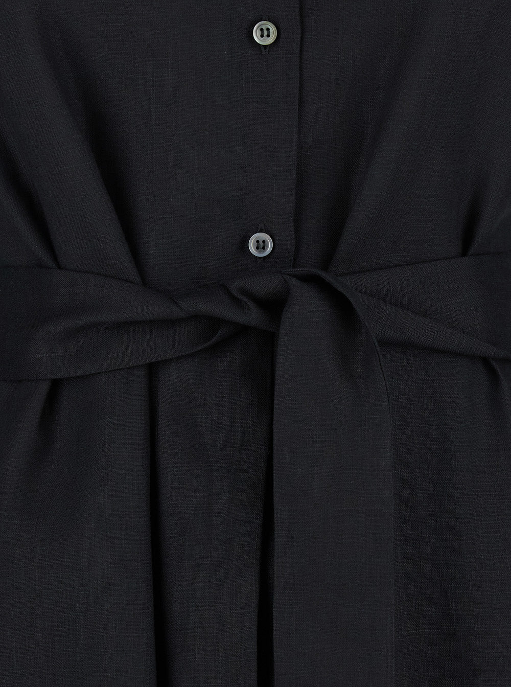 Black Dress with Classic Collar and Adjustable Skirt in Linen Woman Long