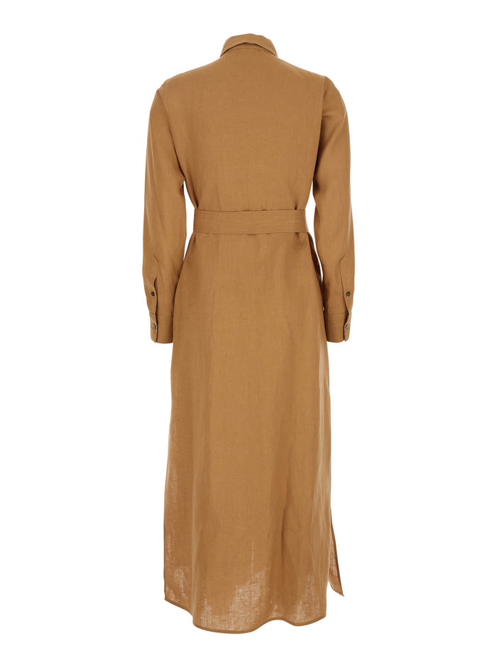 Beige Dress with Classic Collar and Adjustable Skirt in Linen Woman Long
