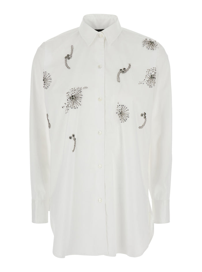 White Shirt with Classic Collar and Rhinestone Embellishments on the Front in Cotton Blend Stretch Woman Otton Polyamide Elastane Blouses