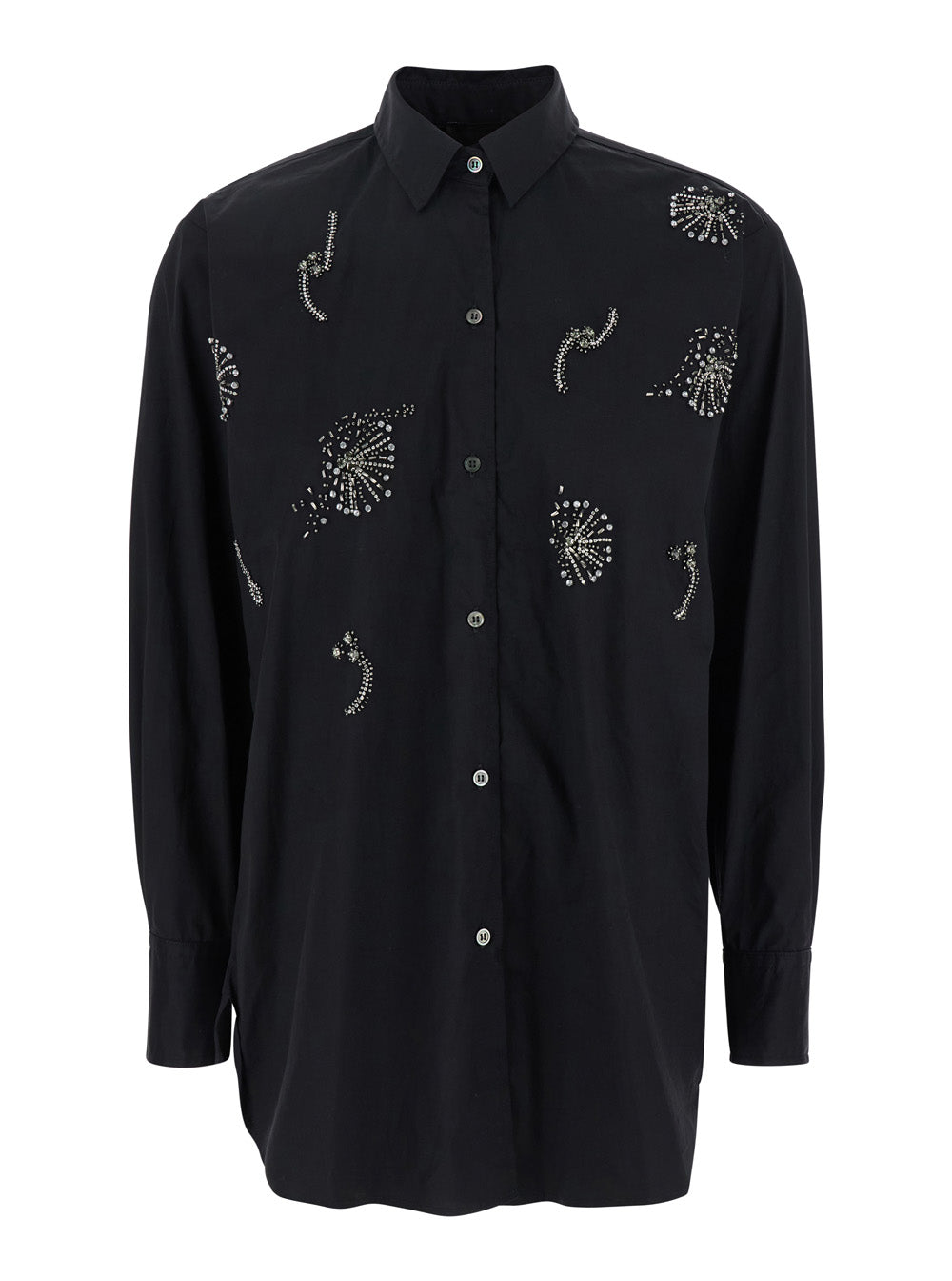 Black Shirt with Classic Collar and Rhinestone Embellishments on the Front in Cotton Blend Stretch Woman Otton Polyamide Elastane Blouses
