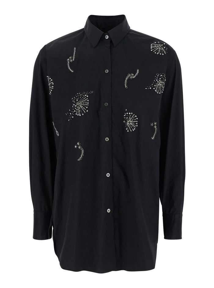 Black Shirt with Classic Collar and Rhinestone Embellishments on the Front in Cotton Blend Stretch Woman Otton Polyamide Elastane Blouses