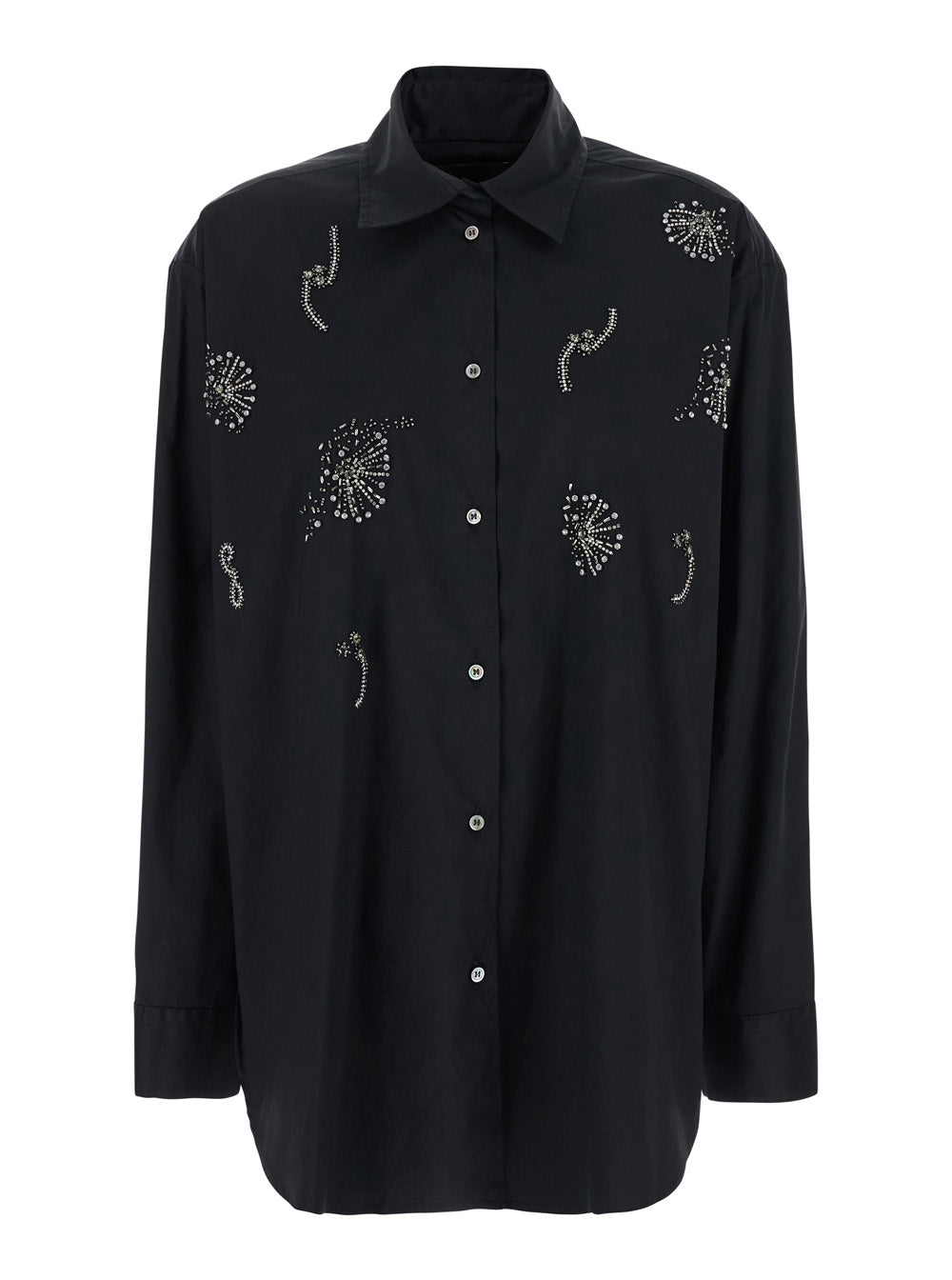 Black Shirt with Classic Collar and Rhinestone Embellishments on the Front in Cotton Woman Blouses