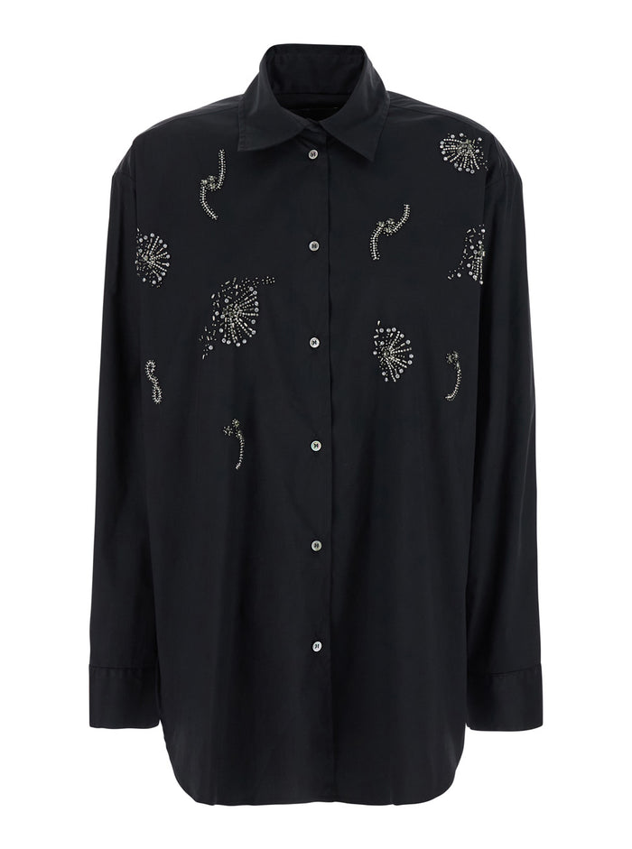 Black Shirt with Classic Collar and Rhinestone Embellishments on the Front in Cotton Woman Blouses