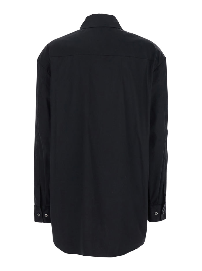 Black Shirt with Classic Collar and Rhinestone Embellishments on the Front in Cotton Woman Blouses