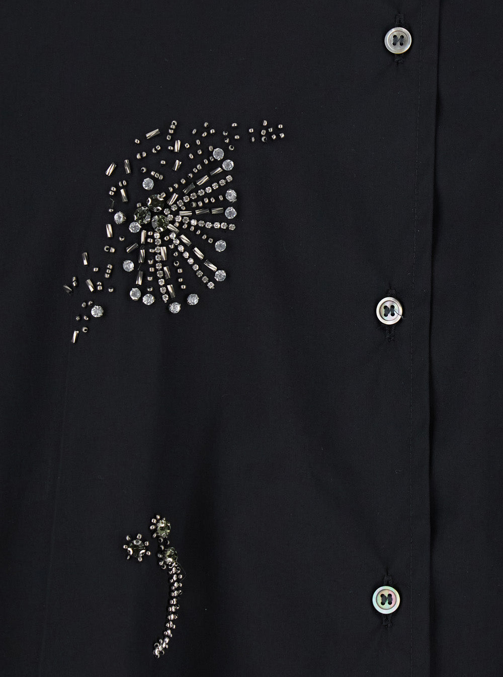 Black Shirt with Classic Collar and Rhinestone Embellishments on the Front in Cotton Woman Blouses