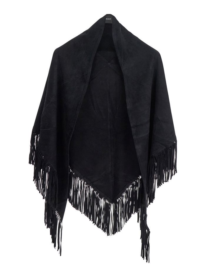 Elena Black Cape with Fringed Hem in Fabric Woman Outerwear