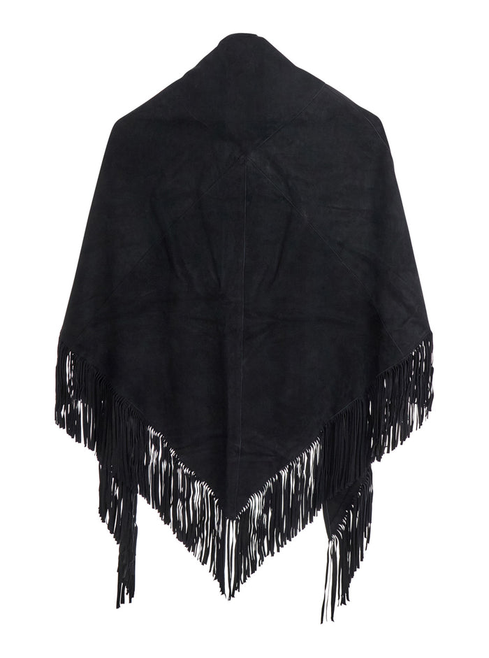 Elena Black Cape with Fringed Hem in Fabric Woman Outerwear