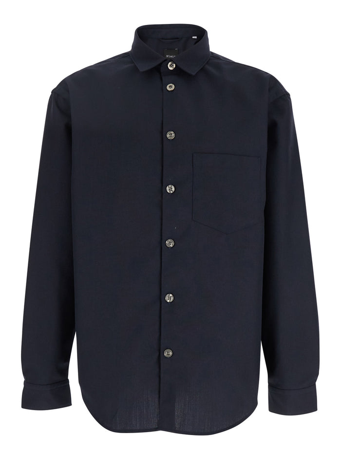 Blue Shirt with Classic Collar in Virgin Wool Blend Man Blu Polyester And Blouses