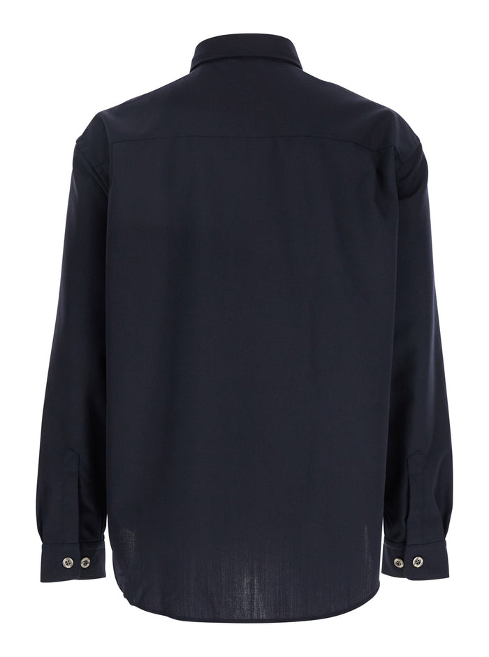 Blue Shirt with Classic Collar in Virgin Wool Blend Man Blu Polyester And Blouses