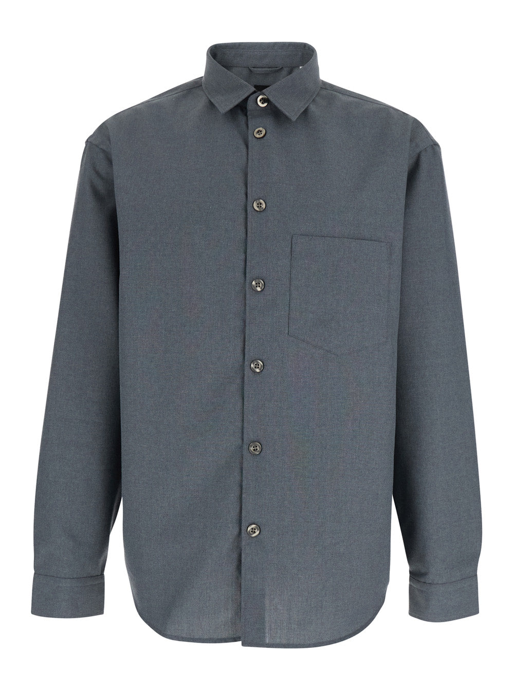 Grey Shirt with Classic Collar in Virgin Wool Blend Man Polyester And Blouses