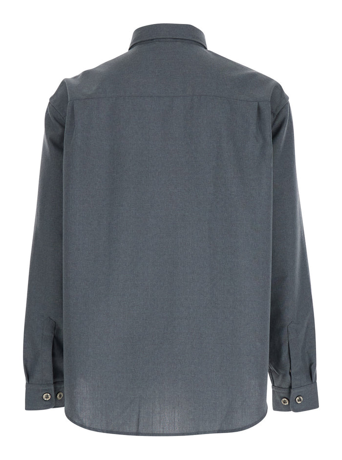 Grey Shirt with Classic Collar in Virgin Wool Blend Man Polyester And Blouses