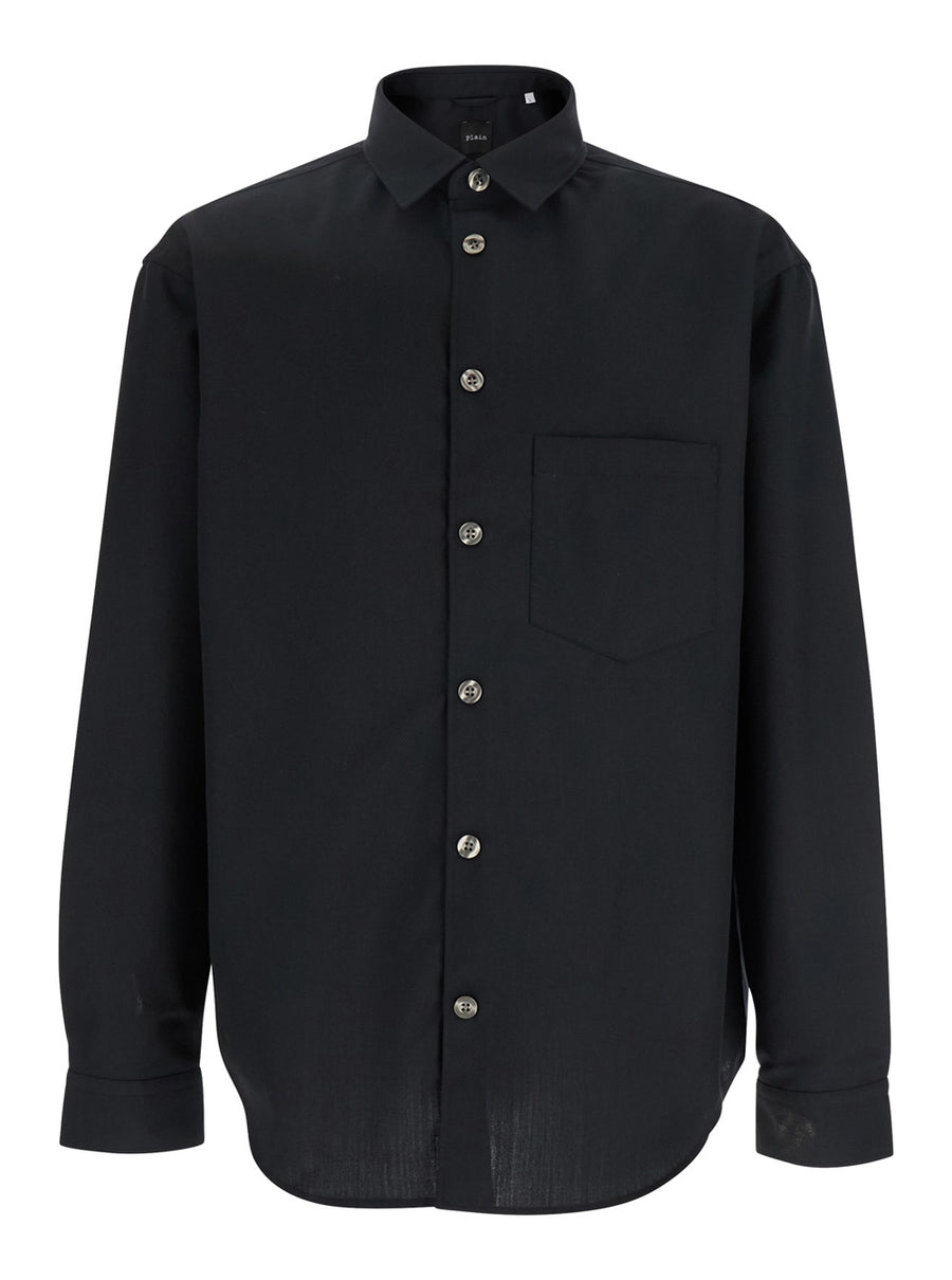 Black Shirt With Classic Collar Virgin Wool Blend Polyester