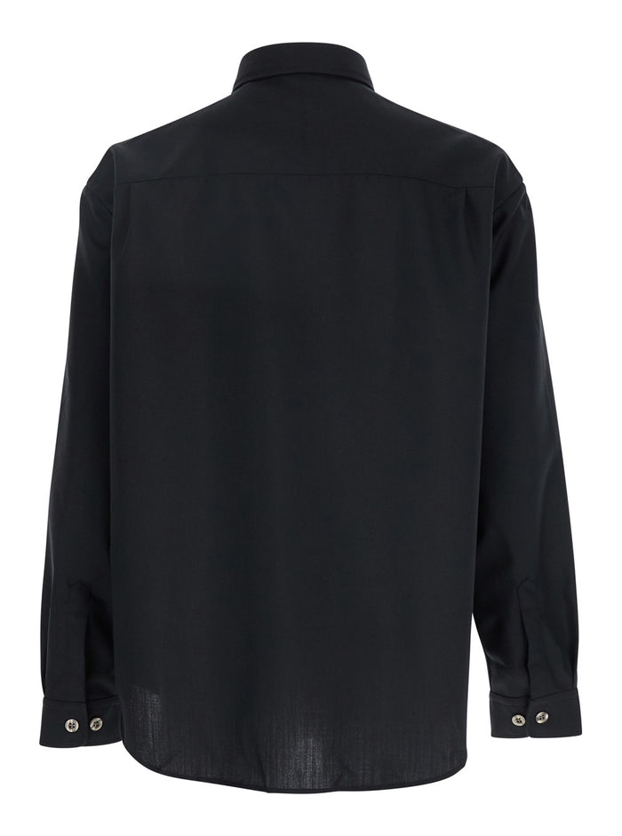 Black Shirt with Classic Collar in Virgin Wool Blend Man Polyester And Blouses