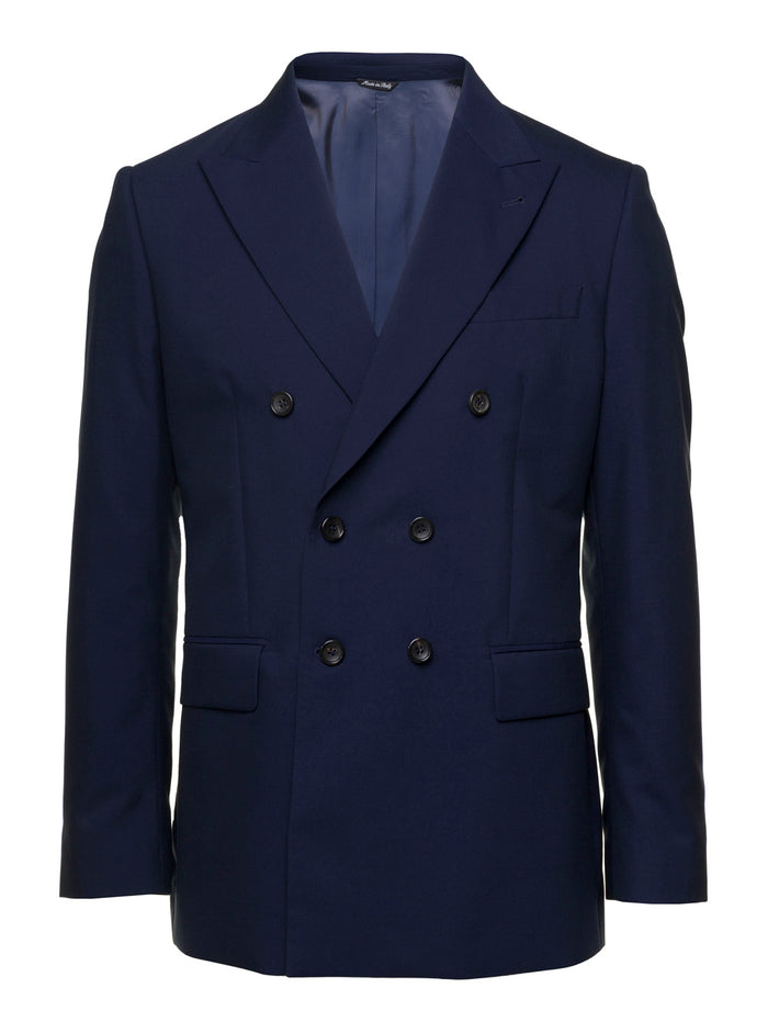 Blue Double-breasted Blazer with Pointed Reverses in Wool and Cotton Blend Man Blu Virgin Blazers