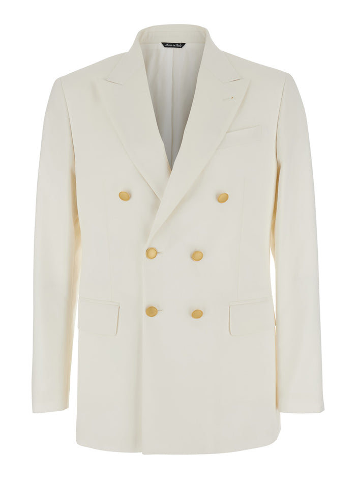 White Double Breasted Jacket with Peak Lapels in Virgin Wool and Cotton Blend Woman Blazers