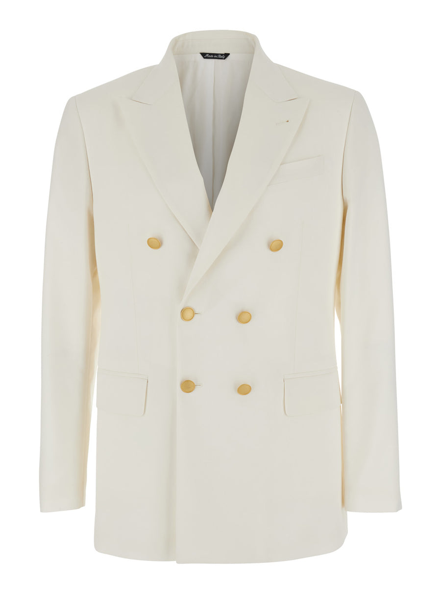 White Double Breasted Jacket With Peak Lapels Virgin Wool Cotton Blazers