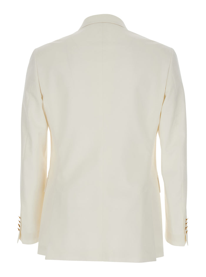 White Double Breasted Jacket with Peak Lapels in Virgin Wool and Cotton Blend Woman Blazers
