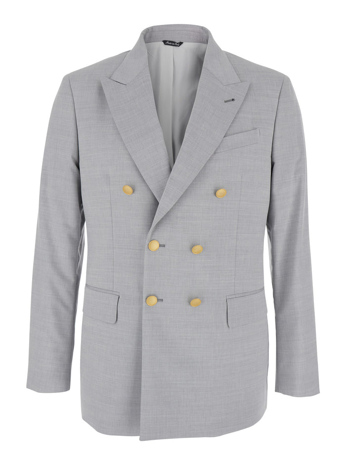 Grey Double Breasted Jacket with Peak Lapels in Virgin Wool and Cotton Blend Woman Blazers