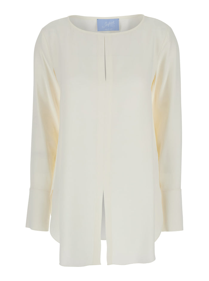 Poppy White Crewneck Shirt With Rounded Hem And Vent On The Front Viscose Blend Woman Blouses