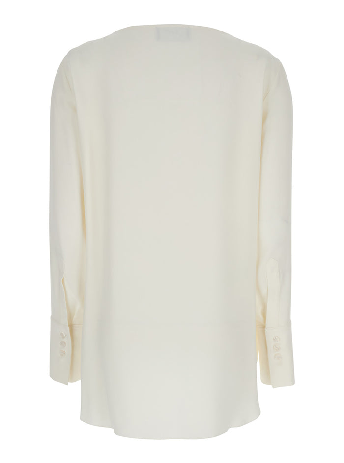 Poppy White Crewneck Shirt With Rounded Hem And Vent On The Front Viscose Blend Woman Blouses