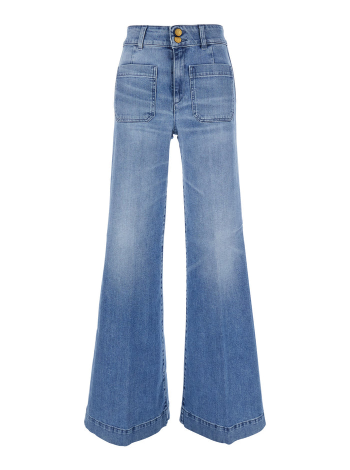 Jane Blue Trousers With Front Pockets And Washed Effect Cotton Woman Blu Jean